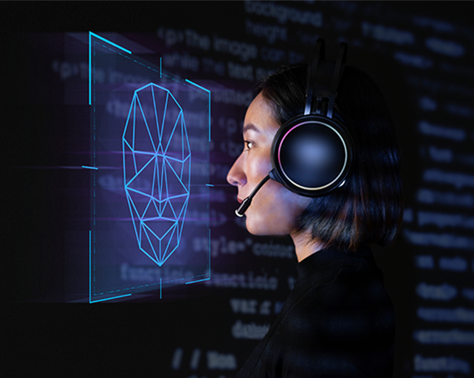 A girl facing on a modern hologram screen with AI face recognition